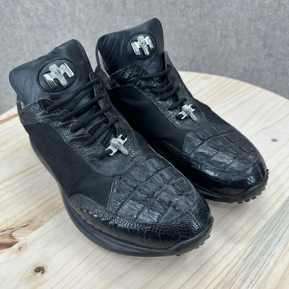 Mauri Horned Alligator Ostrich Sneakers Mens 12 Black Exotic Luxury Shoes 8741/2